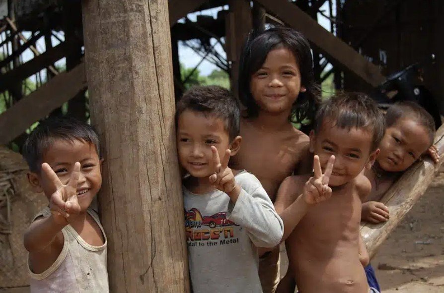 Children learning in a Cambodian village classroom